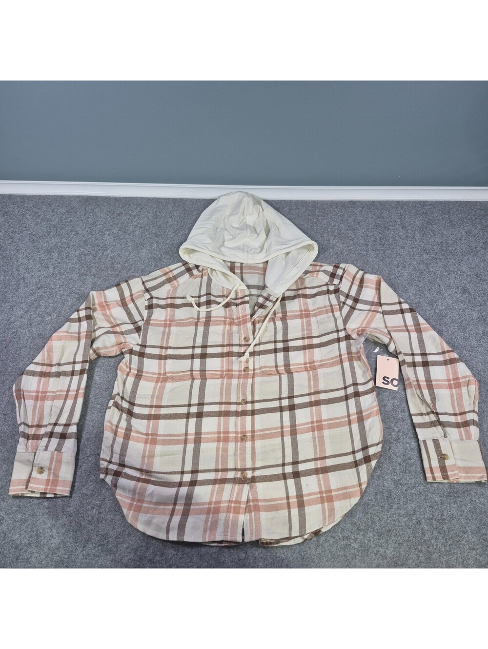 NEW SO Hooded Flannel Shirt Sz M Checkered Earth Tones Button Cozy Soft